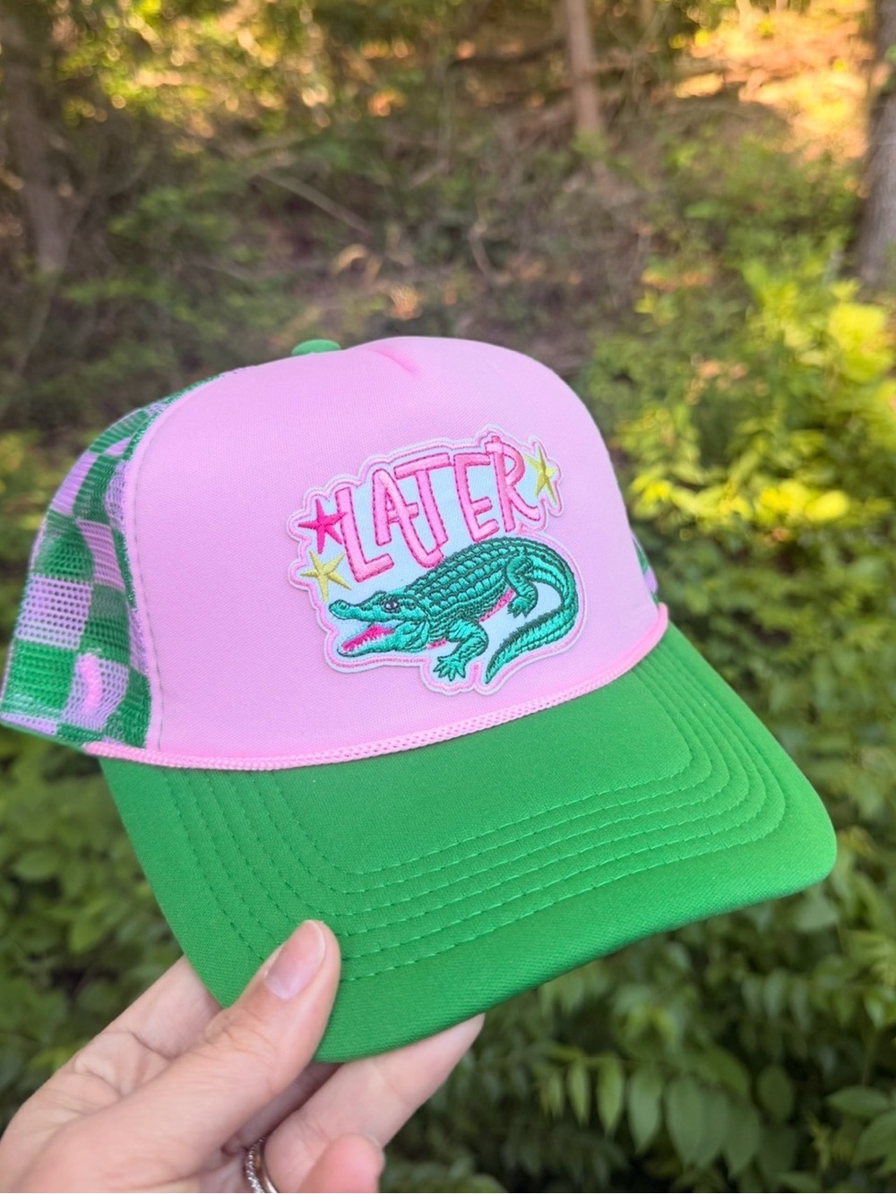 Pink and Green Crocodile 'LATER' Trucker Hat